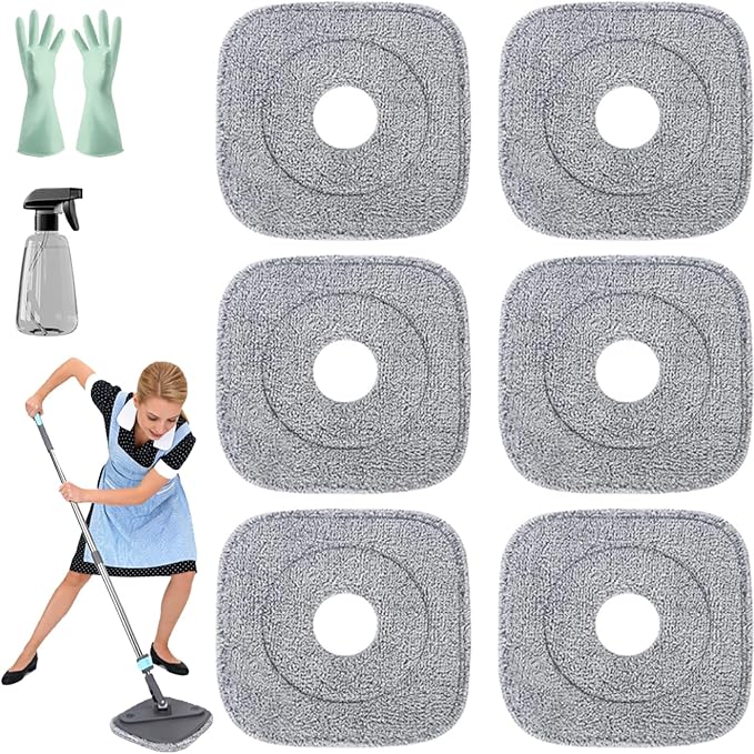 6 Pack 9 Inch Square Microfiber Mop Pads Replacement for Square Spin Mops and Bucket, Washable Reusable Mop Pad Refills for Floor Cleaning (6 PCS)