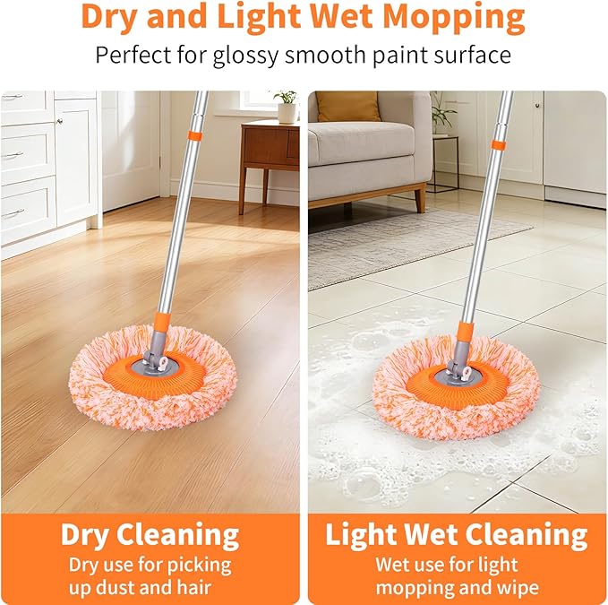 Wall Mop for Painted Walls, Wall Cleaner Mop with 104''/ 62" Long Handle, Dry Mop for Wall Floor Ceiling Cleaning, 2 Reusable Pads (Orange)