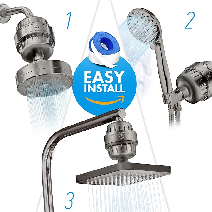 AquaHomeGroup 20 Stage Shower Head Filter with Vitamin C E A - High Output Filter to Reduce Chlorine - 2 Replacement Cartridges - Consistent Flow Showerhead Filter