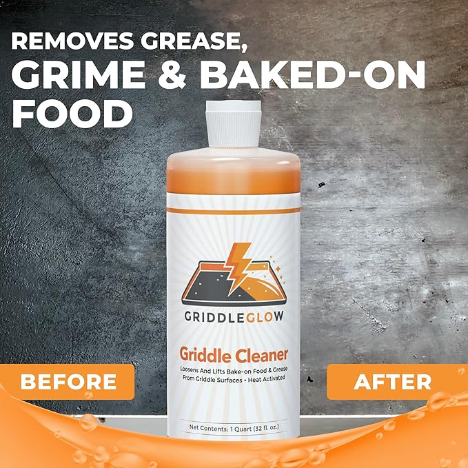 Griddle & Flat Top Grill Biodegradable Cleaner. Easy Pour Squeeze Bottle 32 oz. Fast Acting Formula, Food Safe, Glycerin-Based and Caustic Free. Heat Activated Removes Grease and Baked-on Food, Safe