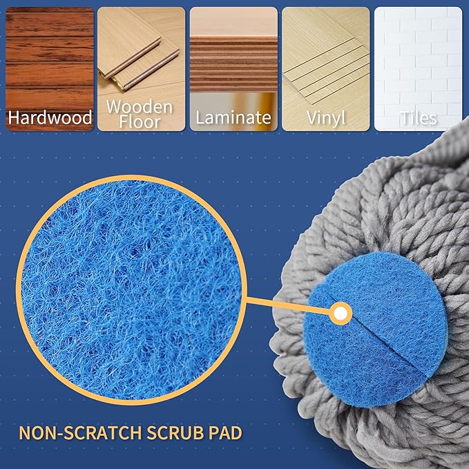 BOOMJOY Self Wringing Mop for Floor Cleaning, Long Handled Twist Mop with Scouring Pad for Kitchen Hardwood Vinyl Tile Laminate Home Office