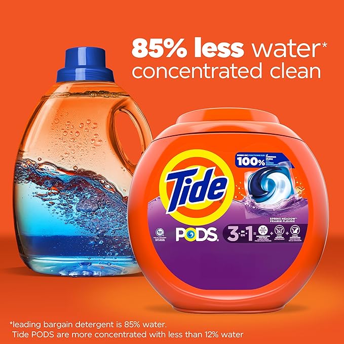 Tide PODS laundry detergent pacs, 3-in-1 Stain Remover, Odor Fighter, Color Protector, 76 Count, HE compatible, Spring Meadow Scent