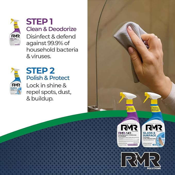 RMR Defend & Detail Duo – RMR-141 EPA Registered Mold & Mildew Spray + Glass & Surface Cleaner/Repellent, 2-Step Clean & Protect System for Glass, Tile, Bathrooms, Surfaces, 2–32 Oz Bottles