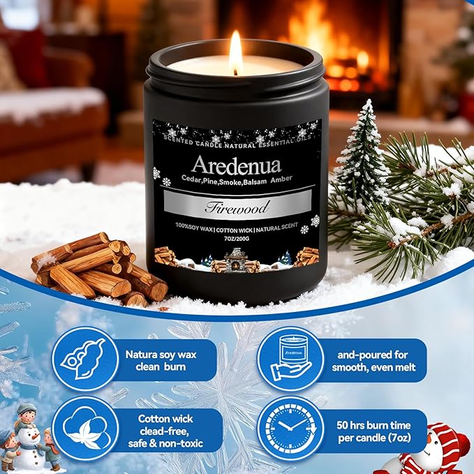 Firewood Candle – Winter Candles | Holiday Scented Candles, 7oz Jar Soy Candle for Home Scented - 50H Burn - Smoky Fireplace Cozy & Warm Scent, Aromatherapy Gifts for Women & Men, Rustic Holiday Décor