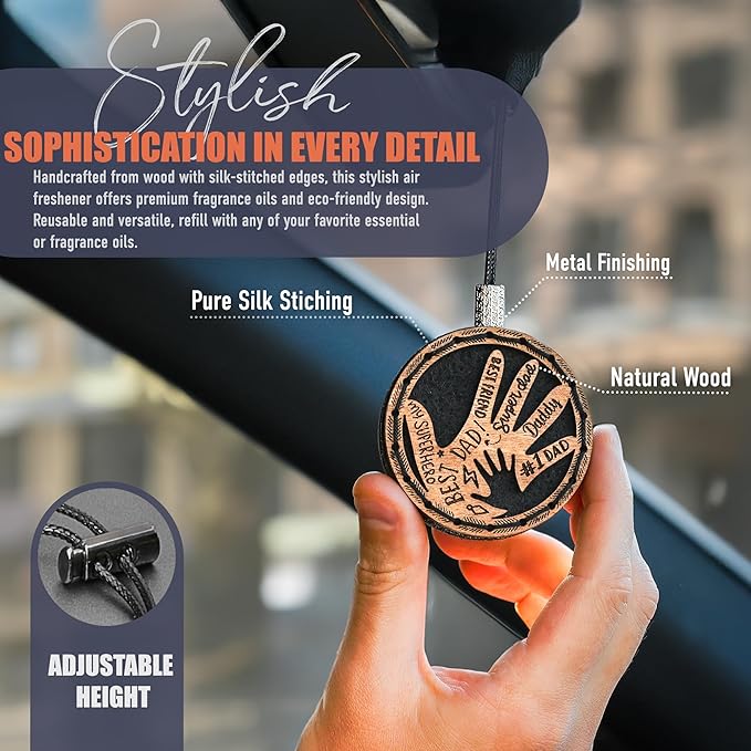 Handmade Wood Car Air Freshener — Father’s Hands Designed Refillable Essential Oil Diffuser — Long Lasting Ocean Breeze Fragrance Oil 10 ml — Car Accessories Gift Box