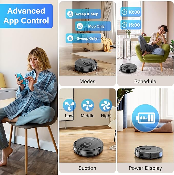 Tikom Robot Vacuum and Mop Combo, 5000Pa Robotic Vacuum Cleaner, 150 Min Max, App & Remote Control, Ideal for Hard Floor, Carpet, Pet Hair, Self-Charge(G8000 Max)