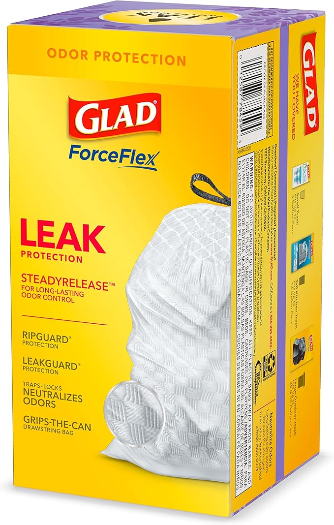 Glad Trash Bags, ForceFlex Tall Drawstring Garbage Bags, 13 Gallon White Trash Bags for Tall Kitchen Trash Can, Mediterranean Lavender with Febreze Freshness to Eliminate Odors, 40 Count (Pack of 2)
