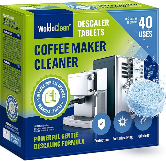 WoldoClean Coffee Machine Cleaner & Descaler Tablets (40 Count) - Universal Descaling Tabs Compatible with Nespresso, Keurig, Ninja, Breville & Drip Coffee Makers, Removes Limescale & Mineral Buildup