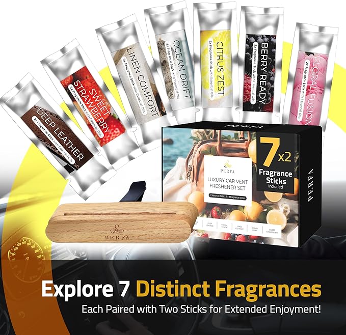 Premium Wooden Car Air Freshener Vent Clip | Box of 7 Scents Long Lasting Car Air Freshener with Magnetic Clip | Infused with Essential Oils | 60 Days' Worth of Car Scents by Perfa
