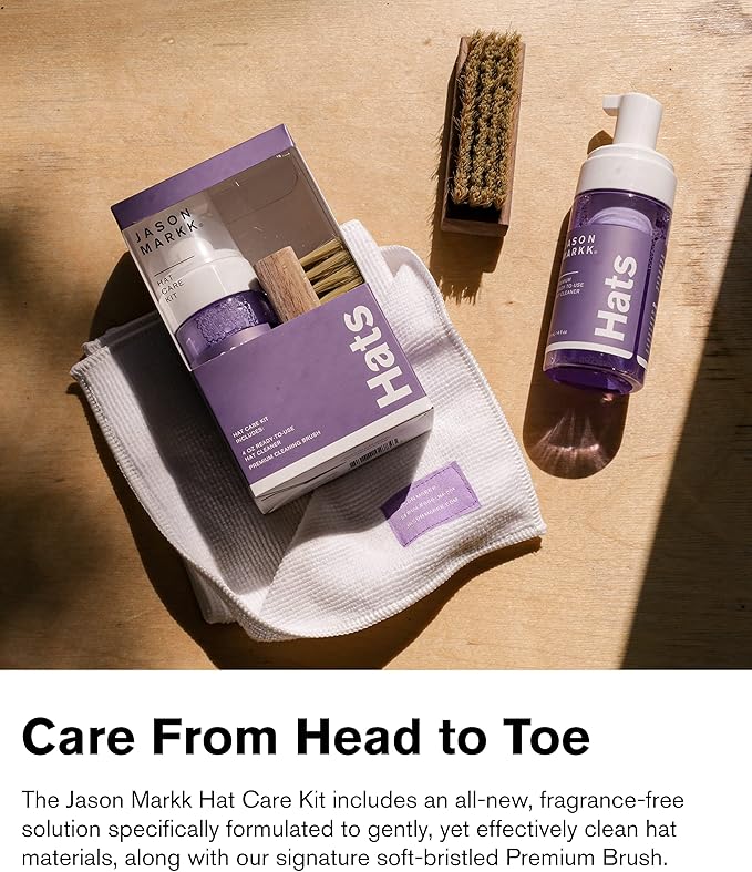 Jason Markk Hat Cleaner Care Kit, 2-Piece Set, Ready-To-Use Foam Hat Cleaner & Delicates Brush, Ideal for Cap and Headwear Cleaning, Safe for Cotton, Wool, Felt, Corduroy, Polyester, 4oz