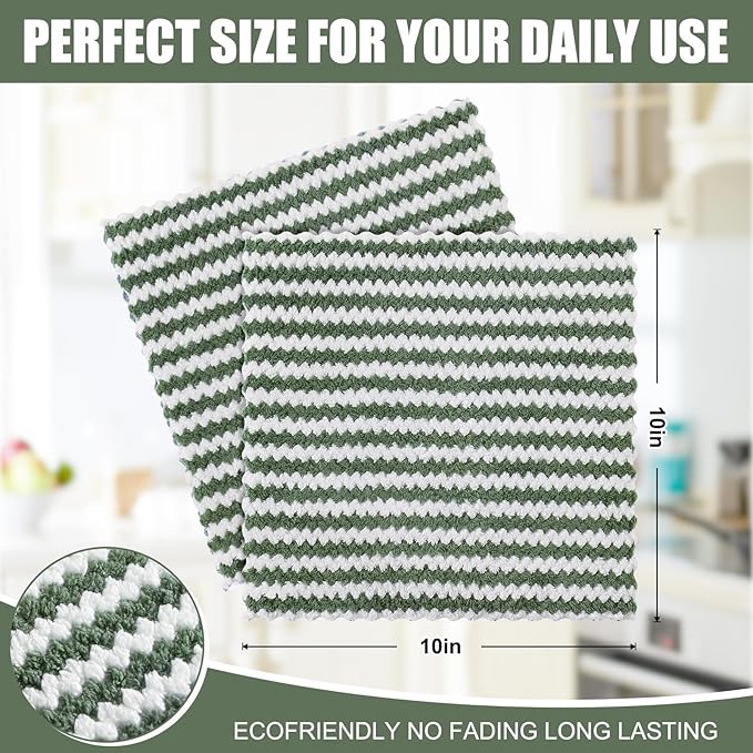 Homaxy 18 Pack Kitchen Dish Cloths, Ultra Soft and Absorbent Dish Towels, Reusable Fast Drying Microfiber Cleaning Cloth, Coral Velvet Wave Design No-lint,10 x 10 inches, Grass Green