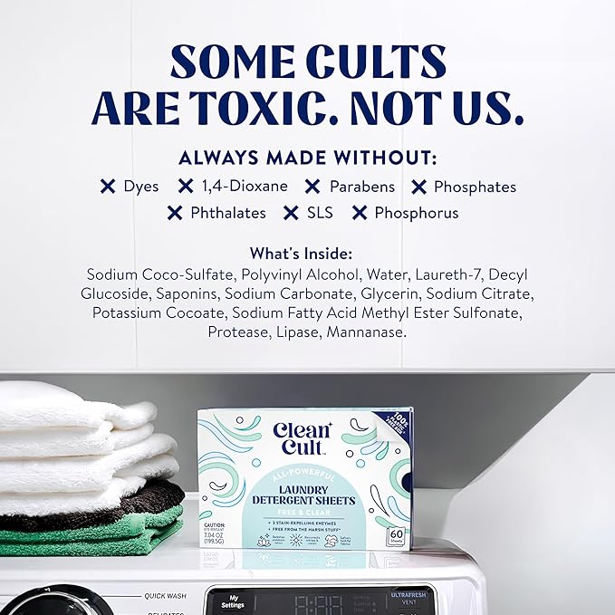 Cleancult Laundry Detergent Sheets - Resealable Box - 3 Stain Fighting Enzymes - Fragrance Free - 60 Loads - Free of Harsh Chemicals - No Mess - No Plastic Waste (Pack of 2)