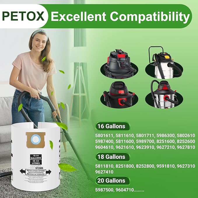 3 Pack Vacuum Bags Replacement for Shop Vac Bags 15-22 Gallon Type G 90663 9066300 Type J 90673 9067300 and VF2008, PETOX High-Efficiency Disposable Vaccum Collection Filter Bags