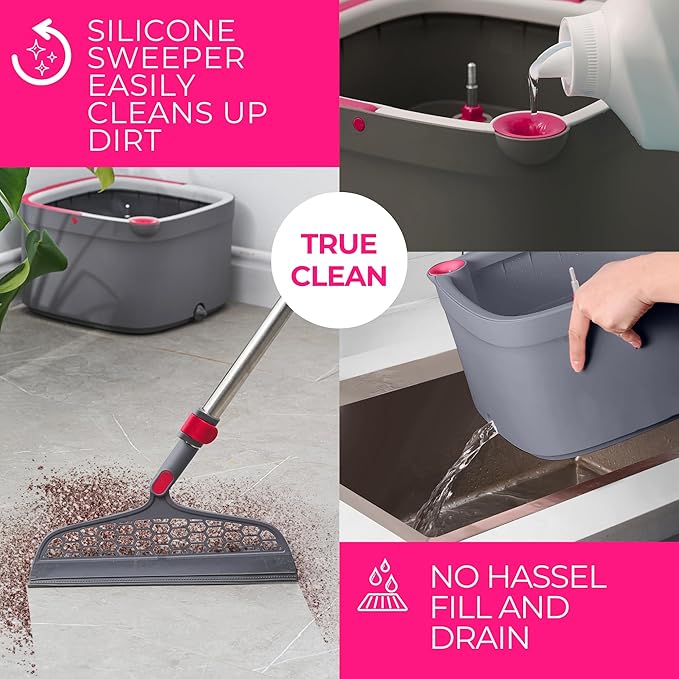 True & Tidy Spin Mop and Bucket System Deluxe with Silicone Sweeper Mop Head and 4 Machine Washable Microfiber Mop Pads