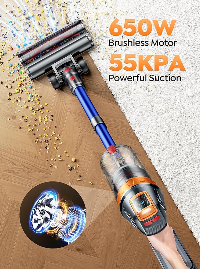 Cordless Vacuum Cleaner, 650W with Extra Mattress Cleaning Tool, 55KPA Stick Vacuum Cleaners for Home 70 Mins Runtime, Self-Standing, Wall Mount Charging, Rechargeable Vacuum for Floor Carpet Pet Hair