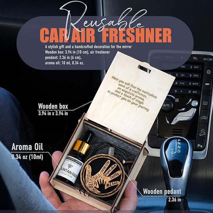 Handmade Wood Car Air Freshener — Father’s Hands Designed Refillable Essential Oil Diffuser — Long Lasting Mountain Rain Fragrance Oil 10 ml — Car Accessories Gift Box