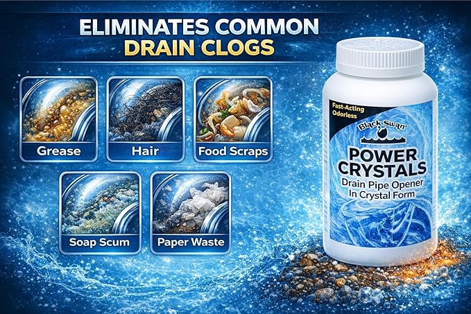 Black Swan 09177 Power Crystals Drain Opener, 32 oz - Heavy Duty Crystal Formula for Cleaning Clogged Drain Pipes Due to Grease, Food Scraps - Safe for Plumbing & Septic Systems