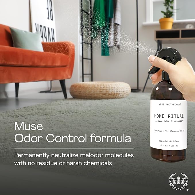 Muse Apothecary Home Ritual Active Odor Eliminator Spray - Furniture Deodorizer Spray & Bathroom Odor Eliminator for Home - Essential Oil Air Freshener - 8oz, Tonka Bean + Amber + Warm Cedarwood