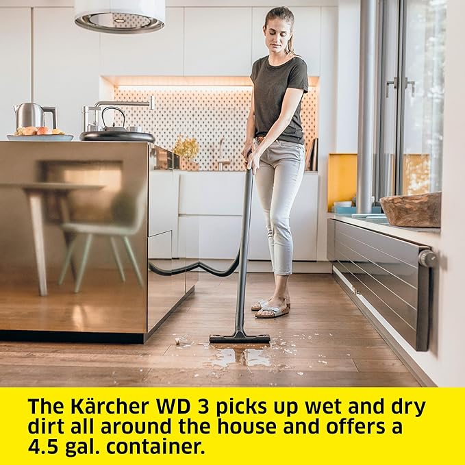 Kärcher Shop Vacuum WD 3, 4.5 Gal, 2.8 Peak HP, 26 ft Reach, Wet Dry Vacuum Cleaner, Blower Function, Crevice Tool, Floor Nozzle, Great for Car Cleaning