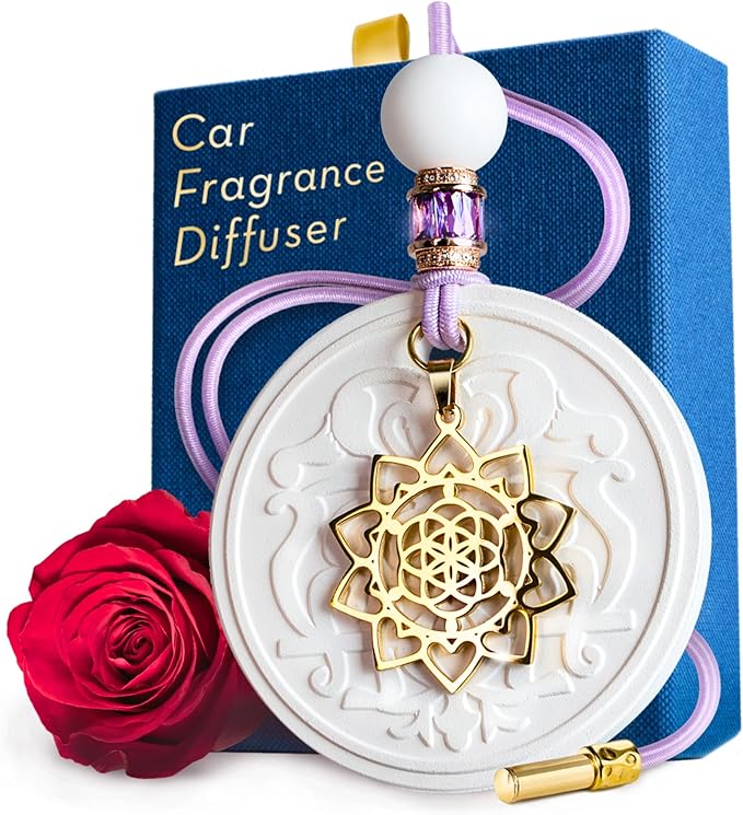 Luxury Car Air Freshener for Women - Refillable & Portable Essential Oil Fragrance Diffuser - Cute Car Accessories & Interior Decor - Mirror Hanging or Vent Clips - Mandala Gold Charm, Rose Scent