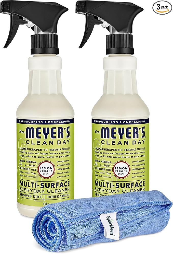 Mrs. Meyers Multi-Surface All Purpose Cleaner Set, Multi-Purpose Cleaner 2 Pack 16 oz. Lemon Verbena Spray and Cloth Set Bundle for Bathroom, Living Room or Bedroom,