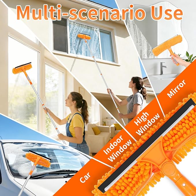 152’’/ 109" Squeegee Window Cleaner, 2 in 1 Rotatable Window Cleaning Tool Kit, Window Washing Kit with Extension Pole for Indoor Outdoor High Window, Car, Glass