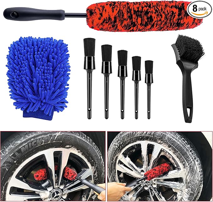 8Pcs Wheel Tire Brush Set, Wheel Brushes for Cleaning Wheels Tire Rim, Soft Wheel Cleaner Brush, Bendable & Durable Car Wheel Rim Detailing Brush for Cleaning Spokes, Fenders, Engines