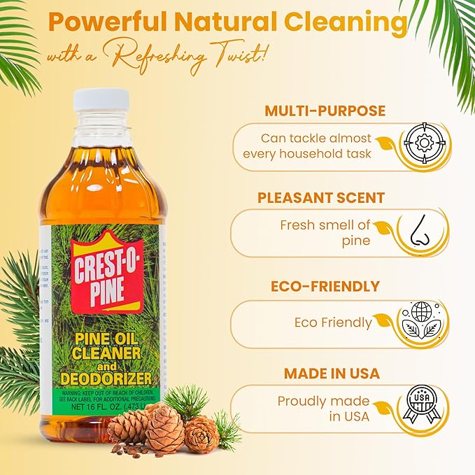 Crest-O-Pine Real Pine Oil Cleaner Concentrate Deodorizer, Multi-Purpose All-Purpose Household Cleaner for Floors, Kitchen, Bathroom, Laundry, Grease & Odor Removal (1, 16 fl oz)