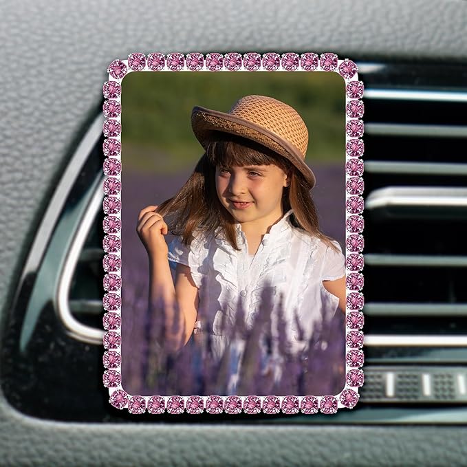 Custom Rhinestone Car Vent Clip Air Freshener with Photo – Personalized Acrylic Picture Frame for Car Interior Decoration Accessories, Rectangular Shape (Purple, One Size)