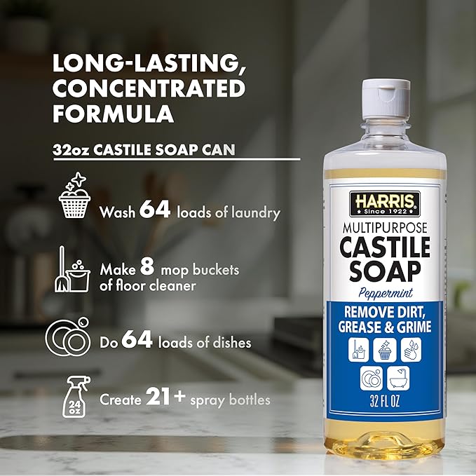 HARRIS Multi-Purpose Liquid Castile Soap for Home Cleaning, Use as Dish Soap, Laundry Detergent, Kitchen & Bathroom Surface Cleaner, Kids Room, 2 Pack of 32 Fl Oz with Microfiber Cloth (Peppermint)