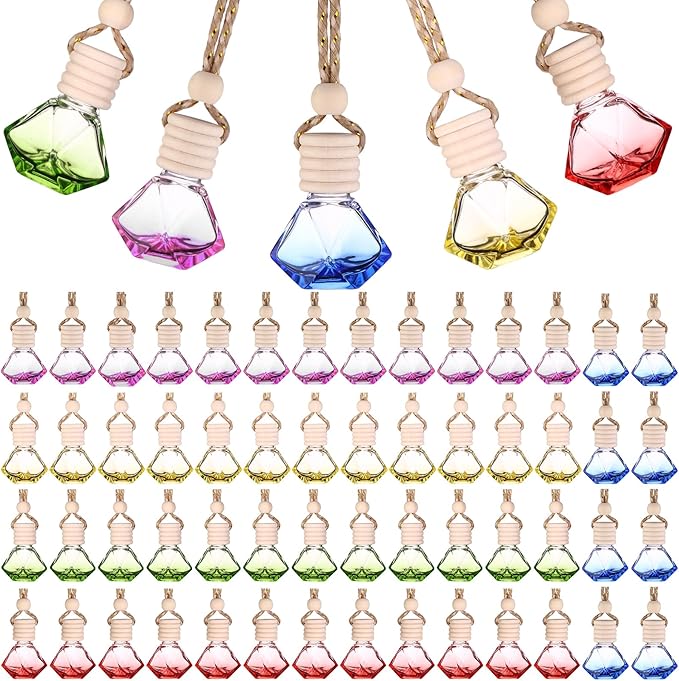 60 Pcs 8ml Hanging Car Air Freshener Diffuser Empty Clear Glass Essential Diffuser Oil Aromatherapy Fragrance Perfume Bottle with Wooden Cap for Car Home Office