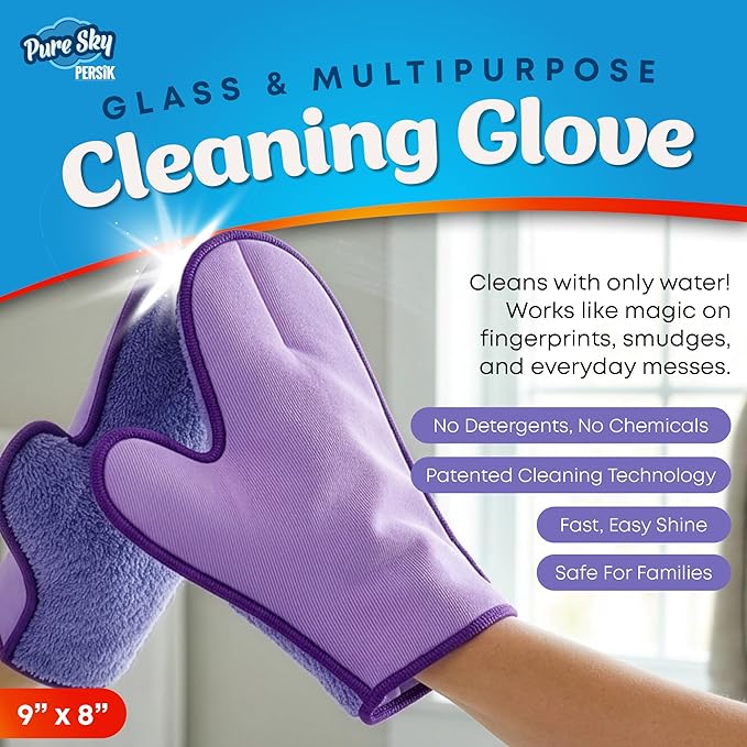 persik Pure-Sky Ultra Microfiber Cleaning Glove – JUST ADD Water No Detergents Needed - 2-in1, Combination for Glass and Multipurpose – Streak Free Magic Window Polishing Glove - Removes Stains, Dust