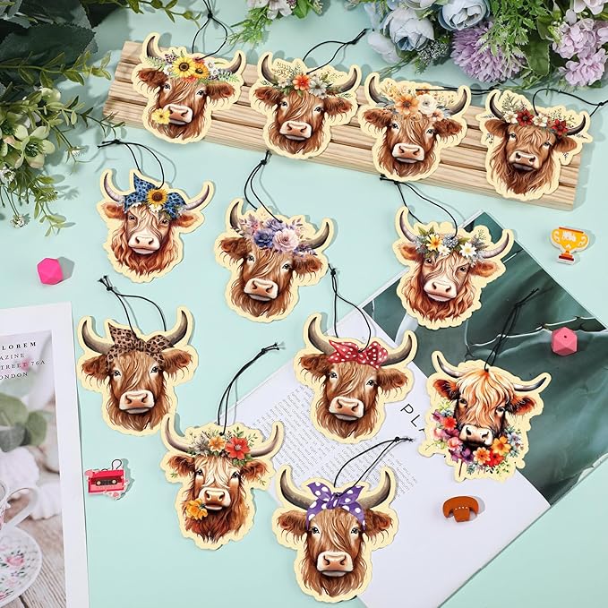 12 Pcs Highland Cow Air Fresheners Cute Cow Car Accessories Gifts Car Fresheners for Women Hanging Ornament for Vehicles Home Decorations Party Supplies