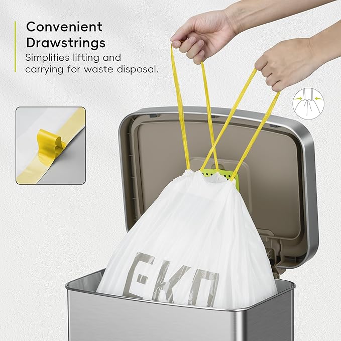 EKO 21 Gallon / 50-90 Liter, 60 Count Drawstring Trash Bags, Extra-Strong Garbage Bags, Fresh Floral Scent with Continuous Odor Control, Easy-Dispense Roll for Kitchen and Household Use, Code G, White