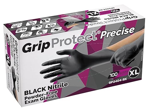 GripProtect® Precise Black Nitrile Gloves, Exam, 4 Mil, Food, Home, Cleaning, Medical/Dental, Tattoo (X-Large, 100)