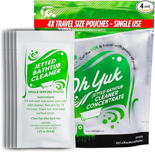 Oh Yuk Jetted Tub Cleaner – Jetted Tub System Cleaner for Bathtub Jet Systems, Jacuzzi & Bath Jets – Jet Tub Cleaner for Hygienic Cleaning and Peace of Mind – 4X Travel Size Pouches Pack