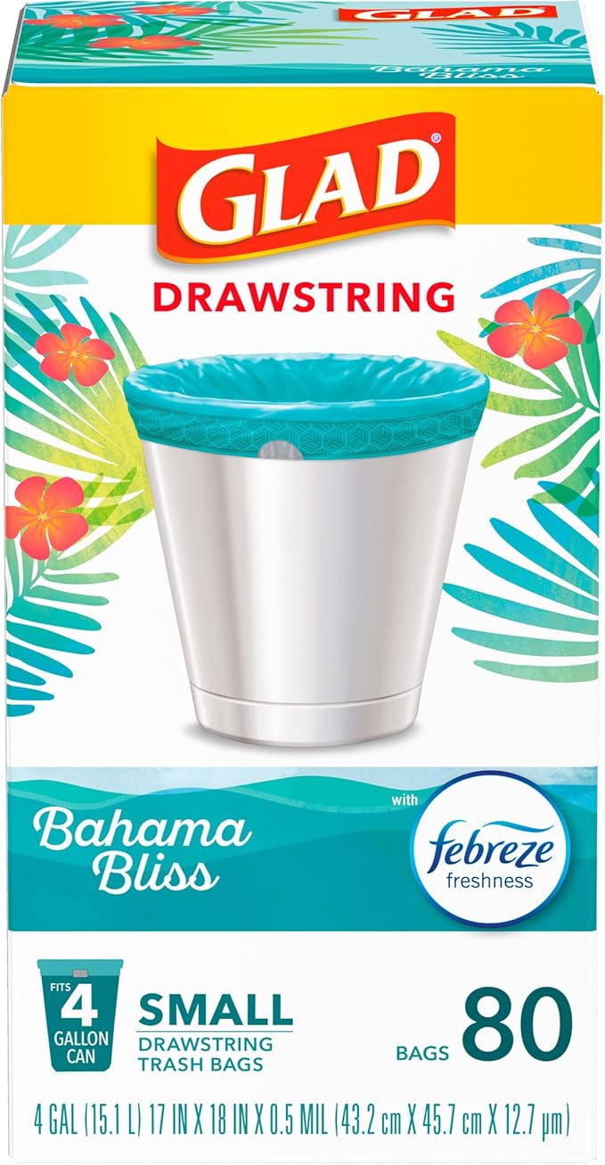 Glad Small Trash Bags 4 Gallon, Febreze Bahama Bliss Garbage Bags, Odor Resistant with Drawstring, 80 Count (Pack of 2)