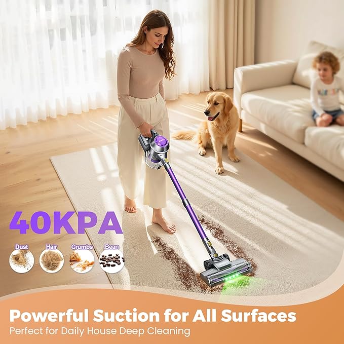 Cordless Vacuum Cleaner, 40Kpa Powerful Suction Stick Vacuum Cleaners for Home, 45 Mins Runtime, 1.6L Dust Box, Anti-Tangle, 8-in-1 Rechargeable Vacuum for Hardwood Floor,Carpet,Pet Hair
