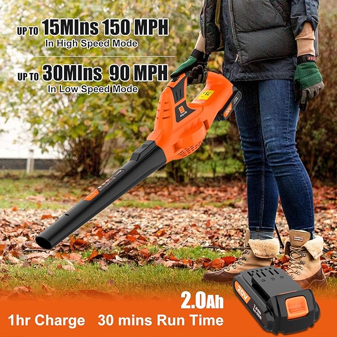 21V Leaf Blower Cordless | Handheld Electric Lightweight Blower with 2.0Ah Rechargeable Battery & Fast Charger | Adjustable Speeds, Portable Design for Lawn, Patio, Yard, Sidewalk Cleaning