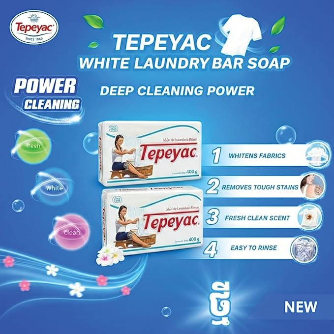 Tepeyac Biodegradable White Laundry Bar and Tough Stain Remover, For all Fabric Types - Fresh Scent 400 g (Pack of 4)