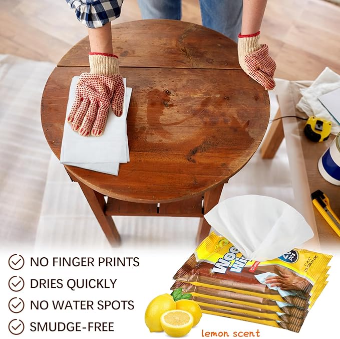 12 Pcs Care Wood Surfaces Wipes 240 Count Furniture Polish Cleaner Shines and Protects Wipe Lemon Scent Floor Wipes for Kitchen Bathroom Furniture Wood Floors Cabinet Cleaning