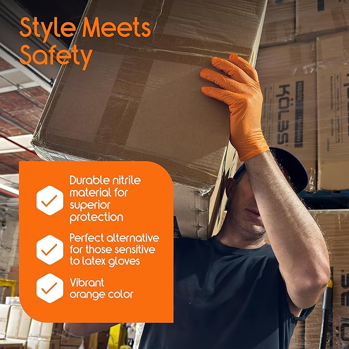 Inspire Heavy Duty Orange Nitrile Gloves | ULTRA 8 Mil Diamond Textured Grip | Industrial Mechanic Disposable Cleaning Gloves