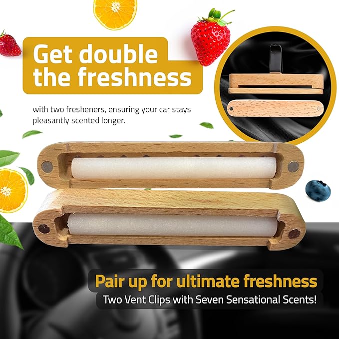 Premium Wooden Car Air Freshener Vent Clip | Box of 7 Scents Long Lasting Car Air Freshener with Magnetic Clip | Infused with Essential Oils | 60 Days' Worth of Car Scents by Perfa