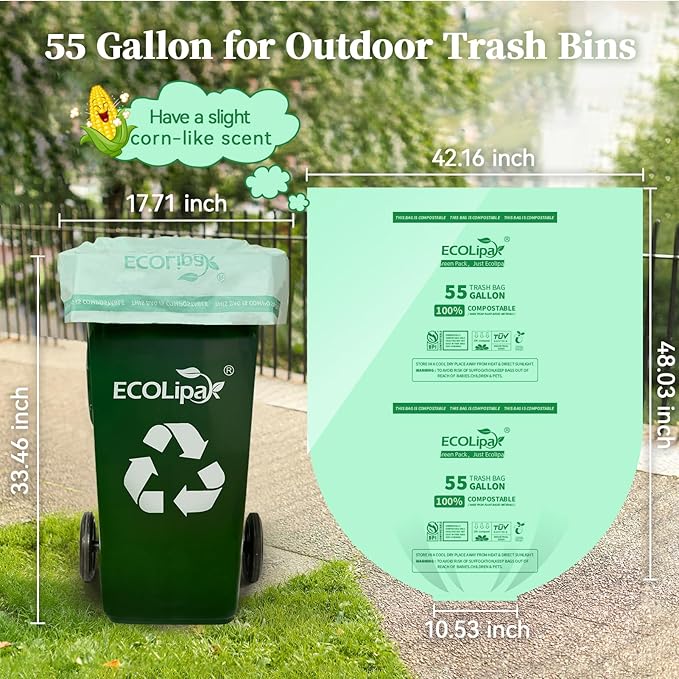 ECOLipak 55 Gallon Compostable Trash Bags, 12 Count Heavy Duty Extra Thick 1.57 Mil, 208.2 Liter Large Garbage Bags for Commercial/Lawn/Yard/Restaurant, US BPI ASTM D6400 and OK Compost Home Certified