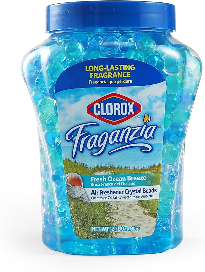 Clorox Fraganzia Crystal Beads Air Freshener, Long Lasting Room Deodorizer and Odor Eliminator Gel Beads to Freshen Home, Car, or Office, Fresh Ocean Breeze Scent, 12 Fl Oz
