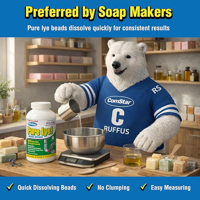 ComStar Pure Lye, 2 lb, Unique Sodium Hydroxide Beads | Drain Opener & Soap Making | Biodegradable, Eco-Friendly (Pack of 12)