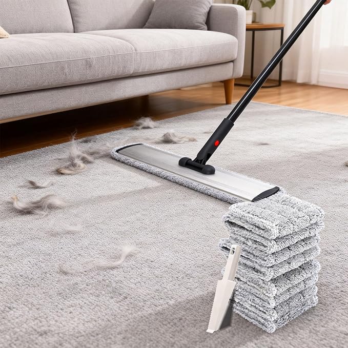 24inch Flat Mop for Cleaning Floors Heavy Duty Microfiber Wet Mop Deep Cleaning for Hardwood, Tile & Laminate, Includes 4 Reusable Washable Pads and Adjustable Long Handle