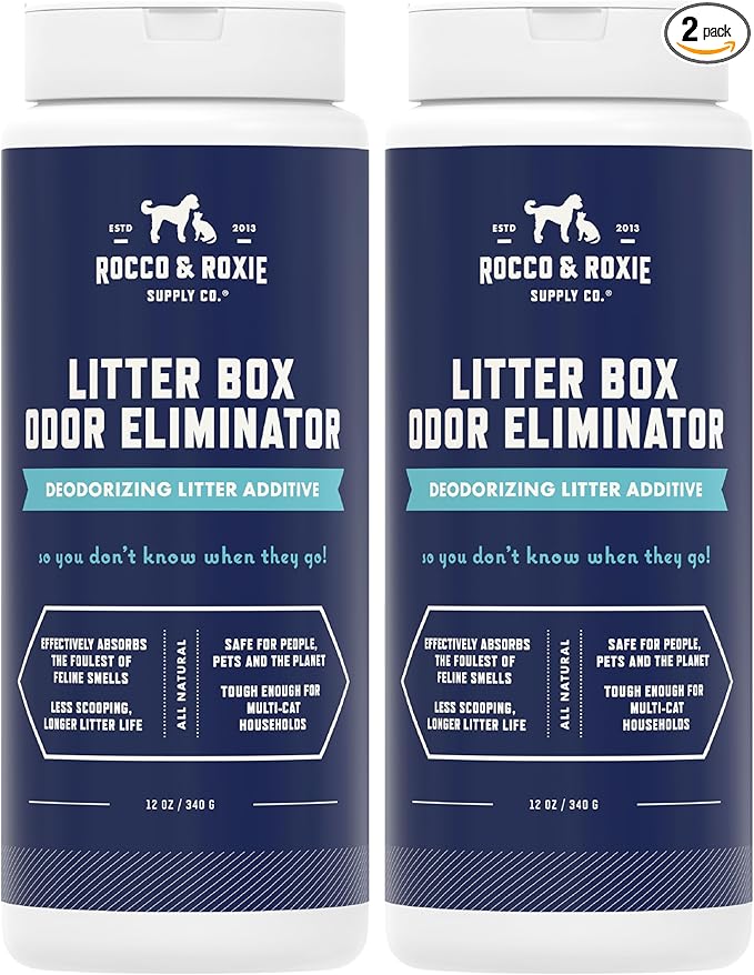 Rocco & Roxie Litter Box Odor Eliminator, Best Natural Urine Deodorizer for Cat Litter Boxes Cats Smell Control, Odor Absorber, Safe for Kitty, 12 oz pack of 2