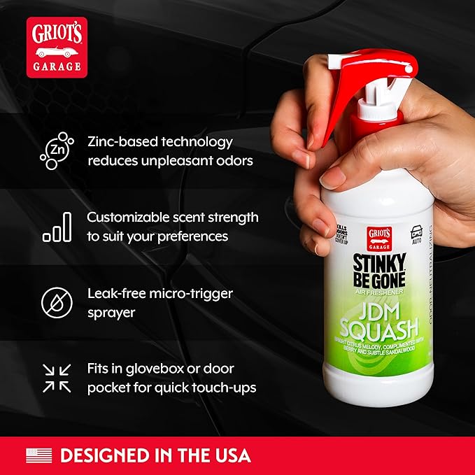 Griot's Garage Stinky-Be-Gone JDM Squash Air Freshener Spray – Odor Remover for Cars, Trucks, and SUVs on Carpets, Floor Mats, and Under Seats, 8oz