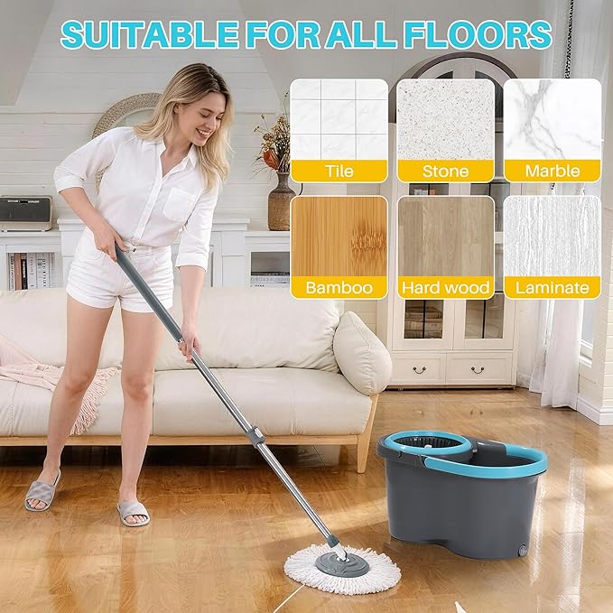 JOYMOOP Spin Mop and Bucket, 360° Mop Head & Telescopic Handle, Wet and Dry Use, 4 Reusable Microfiber Refills, Hands-Free Cleaning for Hardwood, Tile, Laminate Floors & Walls